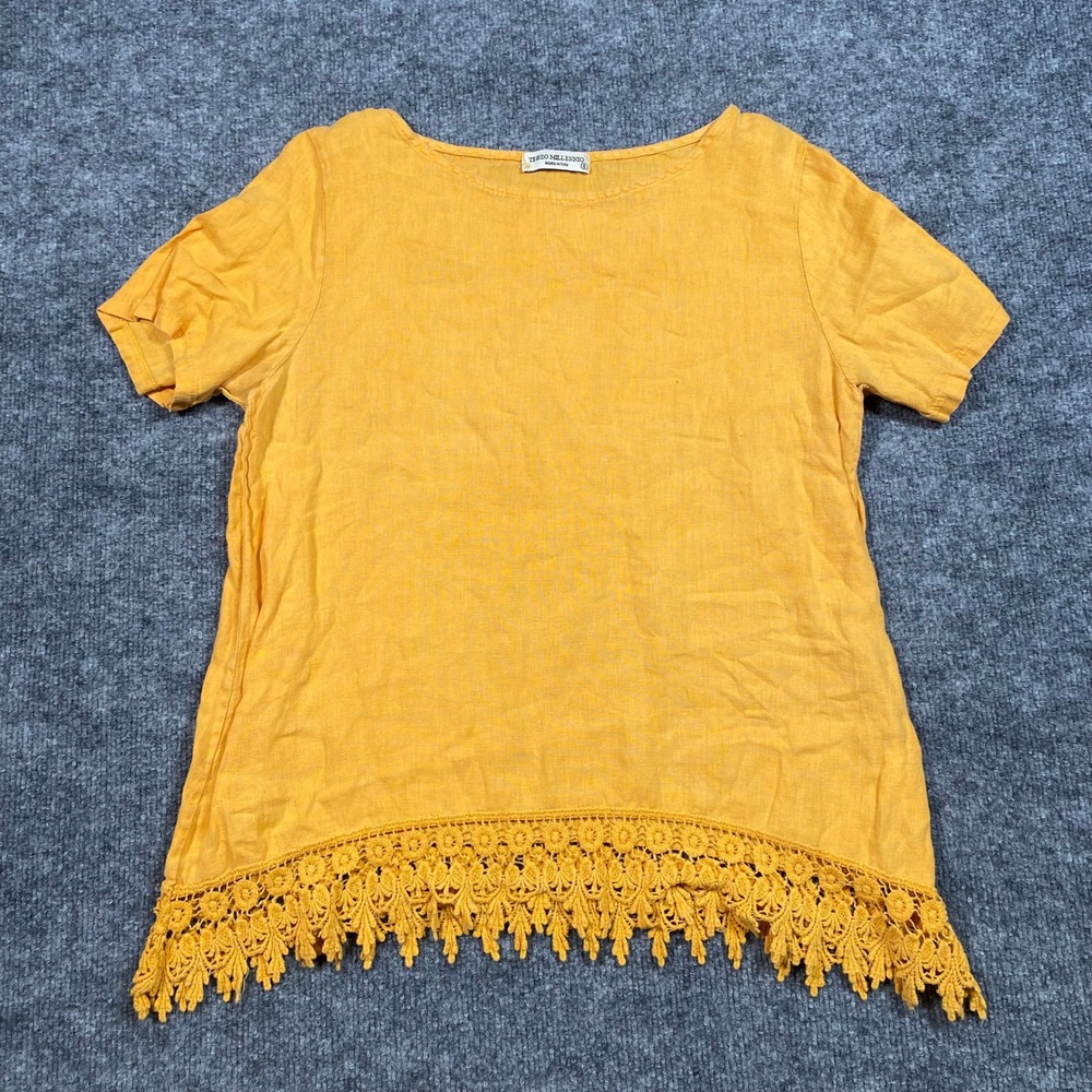 Terzo Millennio Womens Mustard Yellow 100%‎ Linen Crochet Lace Trim Top Italy